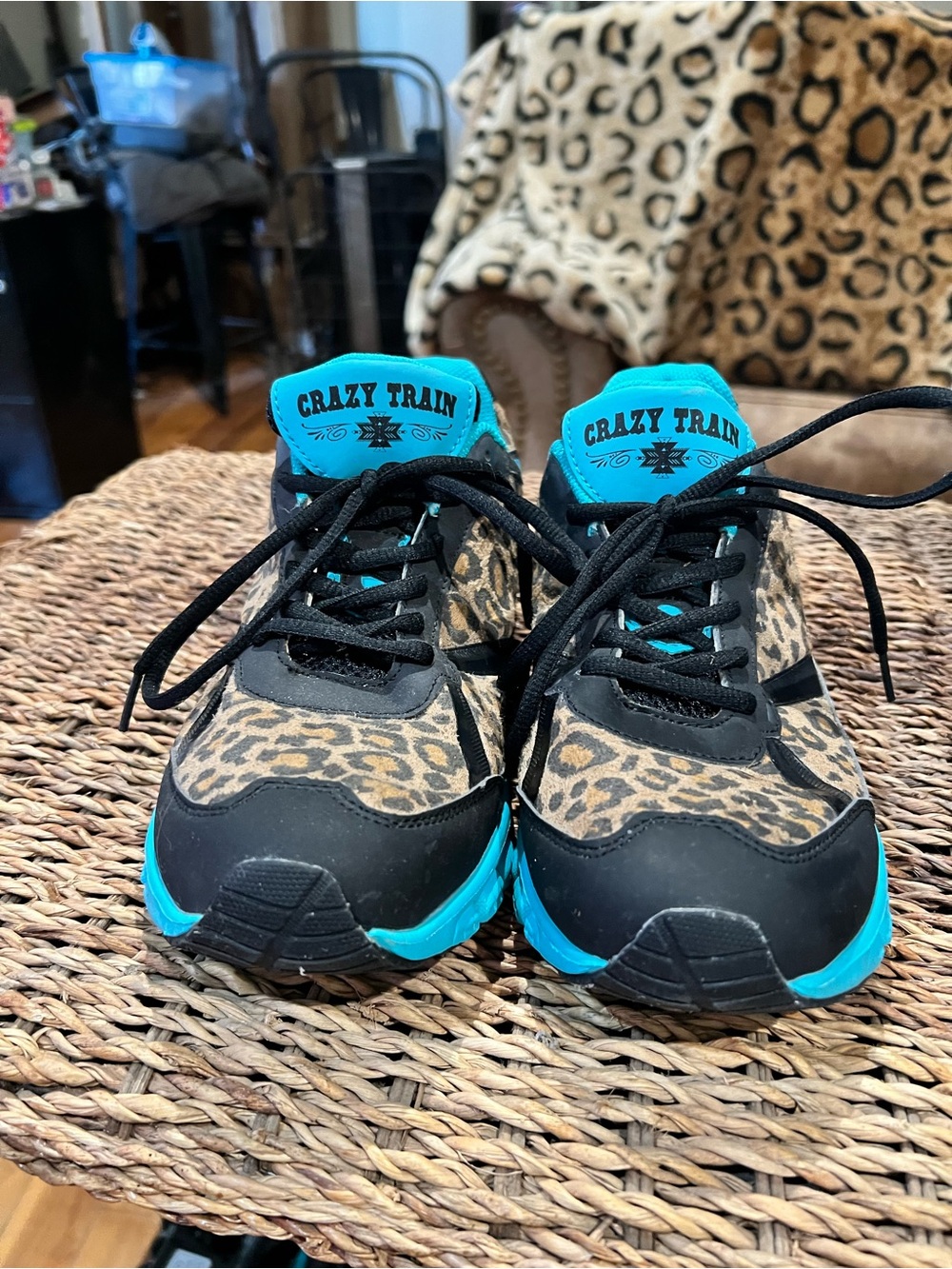 Crazy Train Woman’s Leopard Print Sneakers in Turquoise and Black